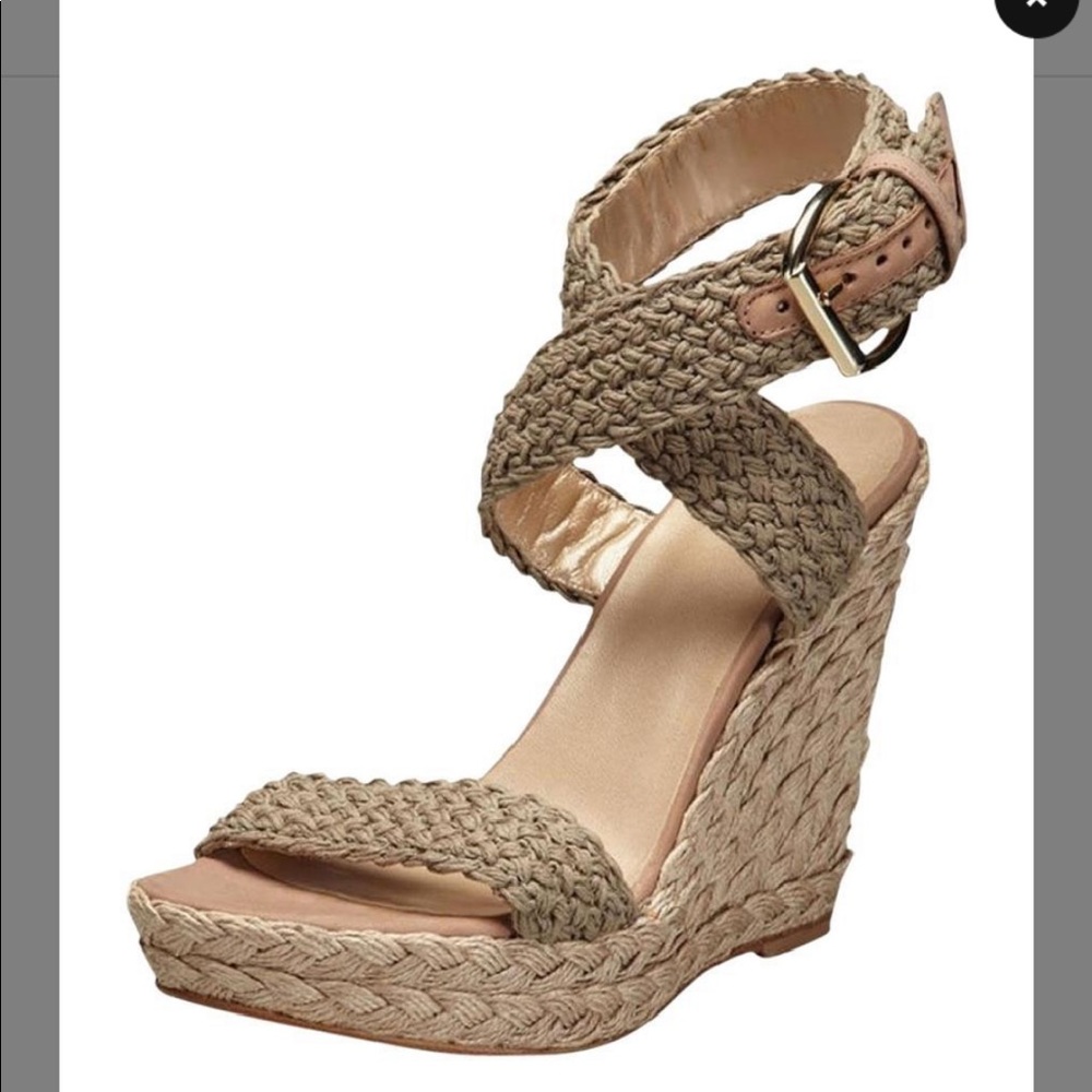 Stuart Weitzman Beige Woven Espadrille Wedge Sandals